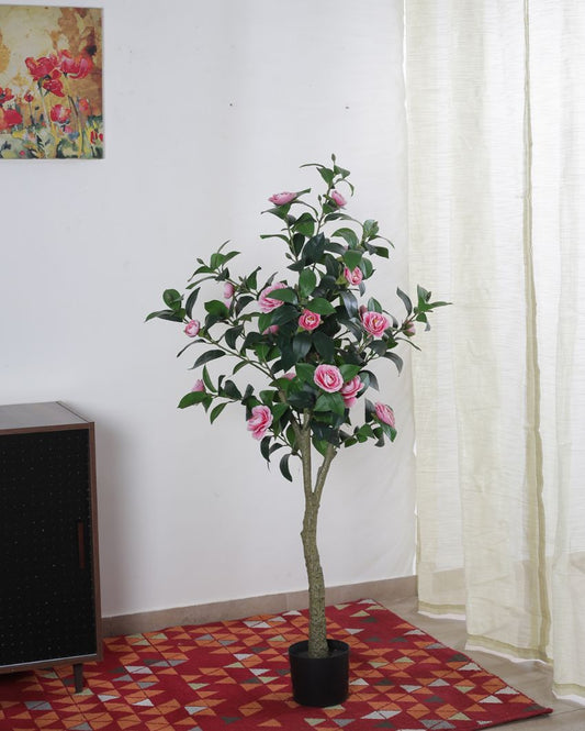 Artificial Camellia Flower Plant With Black Pot | 59 Inches
