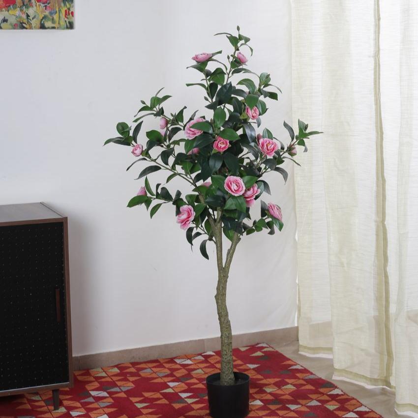 Artificial Camellia Flower Plant With Black Pot | 59 Inches