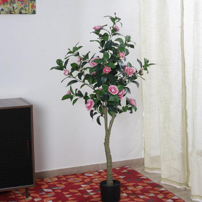 Artificial Camellia Flower Plant With Black Pot | 59 Inches