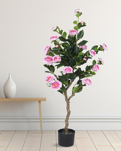 Camellia Rose Artificial Flower Plant with Black Pot | 4 ft