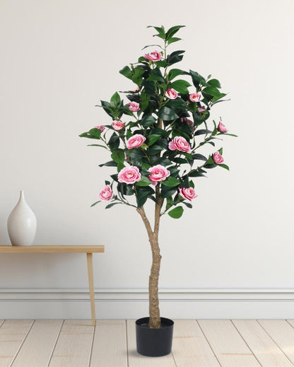 Camellia Rose Real Touch Artificial Flower Plant with Black Pot | 5 ft