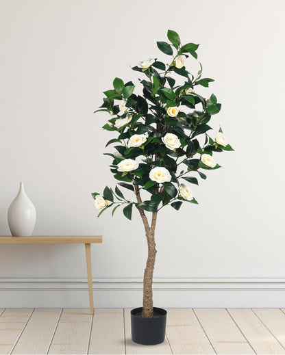 Camellia Rose Real Touch Artificial Flower Plant with Black Pot | 5 ft