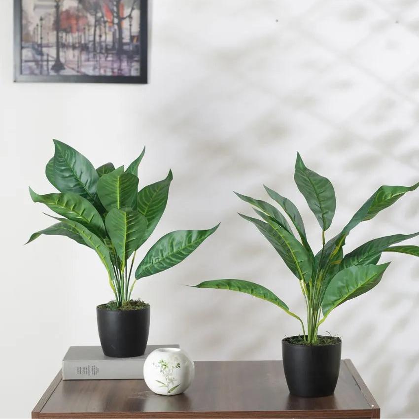 Artificial Green Croton Plant Mini Bush With Black Pot | Set Of 2 | 20 Inches