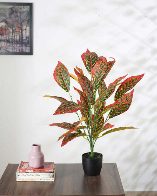 Artificial Croton Plant For Home Décor With Black Pot | 28 Inches