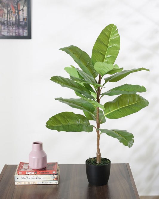 Artificial Banana Green Plant With Black Pot For Interior Decor | 30 Inches