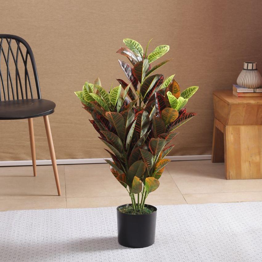 Artificial Real Touch Croton Plant Ornamental For Home Décor With Black Pot | 33 Inches