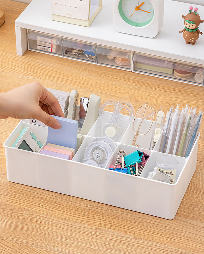 Large Plastic Multi-Purpose Storage Tray with Dividers | Set of 2 | 12 x 6 x 3 inches