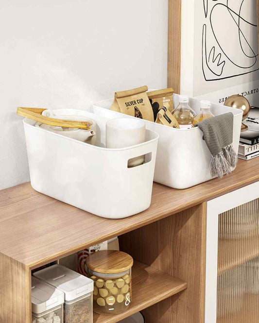 White Plastic Narrow Storage Basket | Set Of 2