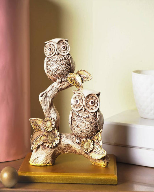 Rustic Resin Owls Perched On Branch Showpiece
