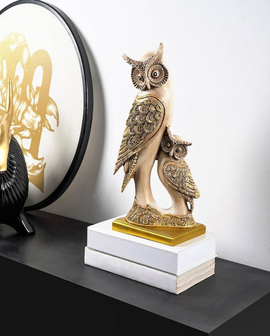 Rustic Resin Golden Winged Owls Showpiece