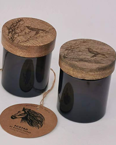 Perchid Bird Artsy Wood And Glass Kitchen Jars For Storage | Set Of 2 | 100 ml