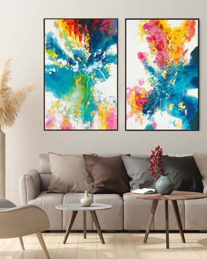 Blue Splash Canvas Framed Acrylic Paint Hand Paintings | 24 x 35 inches