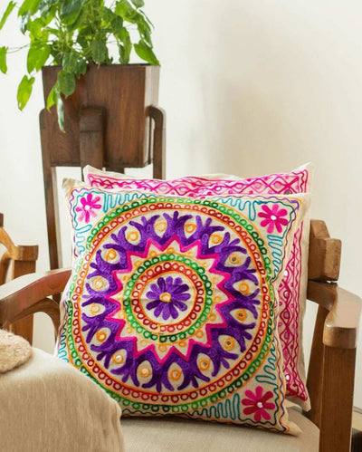 Mandala Aari Embroidery Cushion Covers | Set Of 2 | 16 x 16 inches