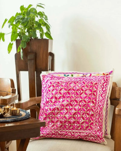 Pink Shades Aari Embroidery Cushion Covers | Set Of 2 | 16 x 16 inches