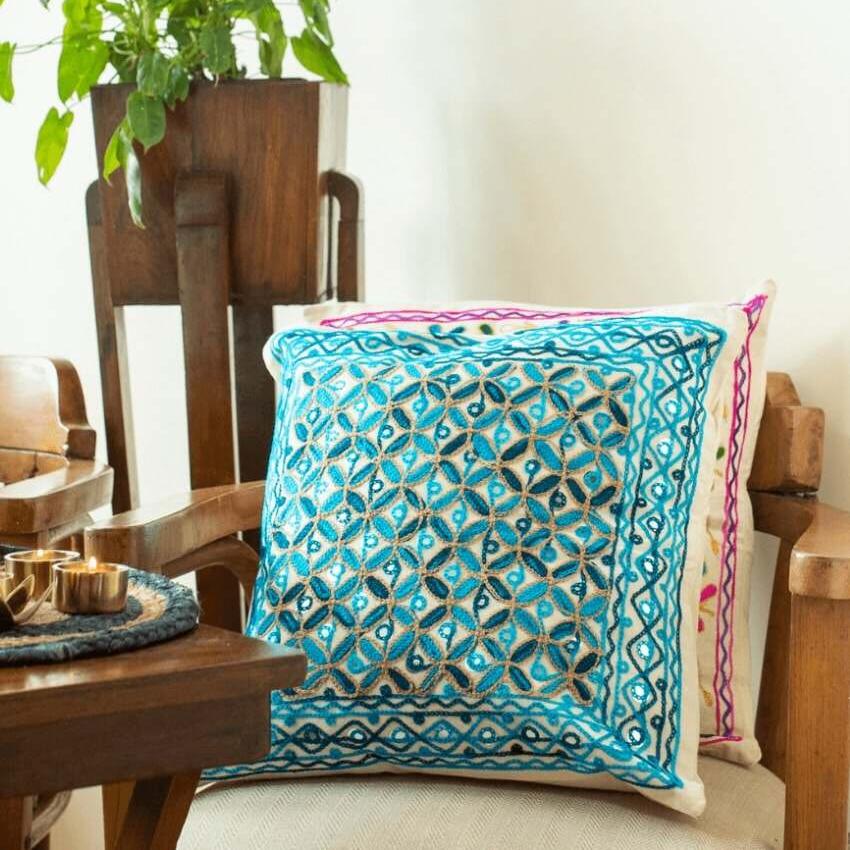 Blue Shades Aari Embroidery Cushion Covers | Set Of 2 | 16 x 16 inches