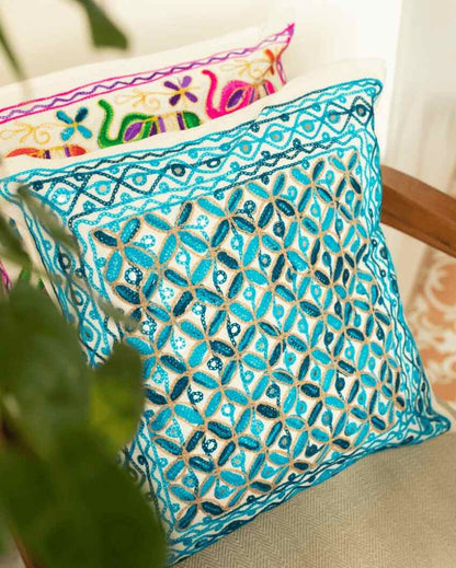 Blue Shades Aari Embroidery Cushion Covers | Set Of 2 | 16 x 16 inches