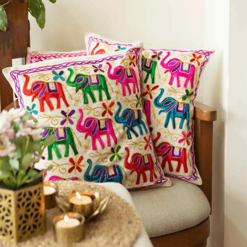 Elephant Aari Embroidery Cotton Cushion Covers | Set Of 2 | 16 x 16 inches