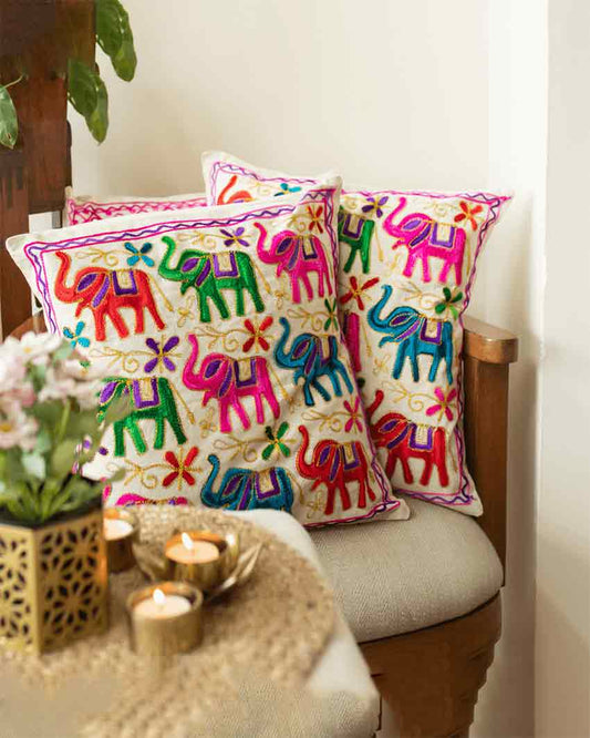 Elephant Aari Embroidery Cotton Cushion Covers | Set Of 2 | 16 x 16 inches