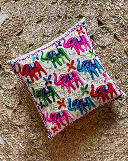 Elephant Aari Embroidery Cotton Cushion Covers | Set Of 2 | 16 x 16 inches