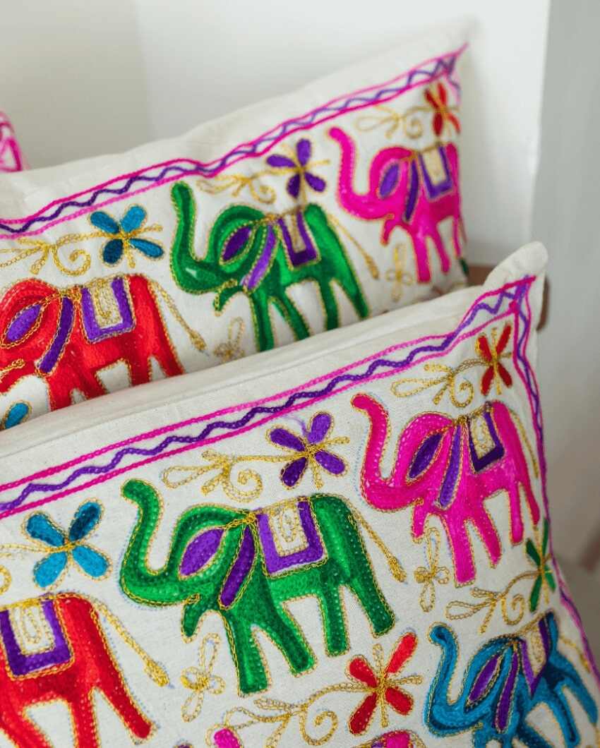 Elephant Aari Embroidery Cotton Cushion Covers | Set Of 2 | 16 x 16 inches