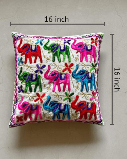 Elephant Aari Embroidery Cotton Cushion Covers | Set Of 2 | 16 x 16 inches