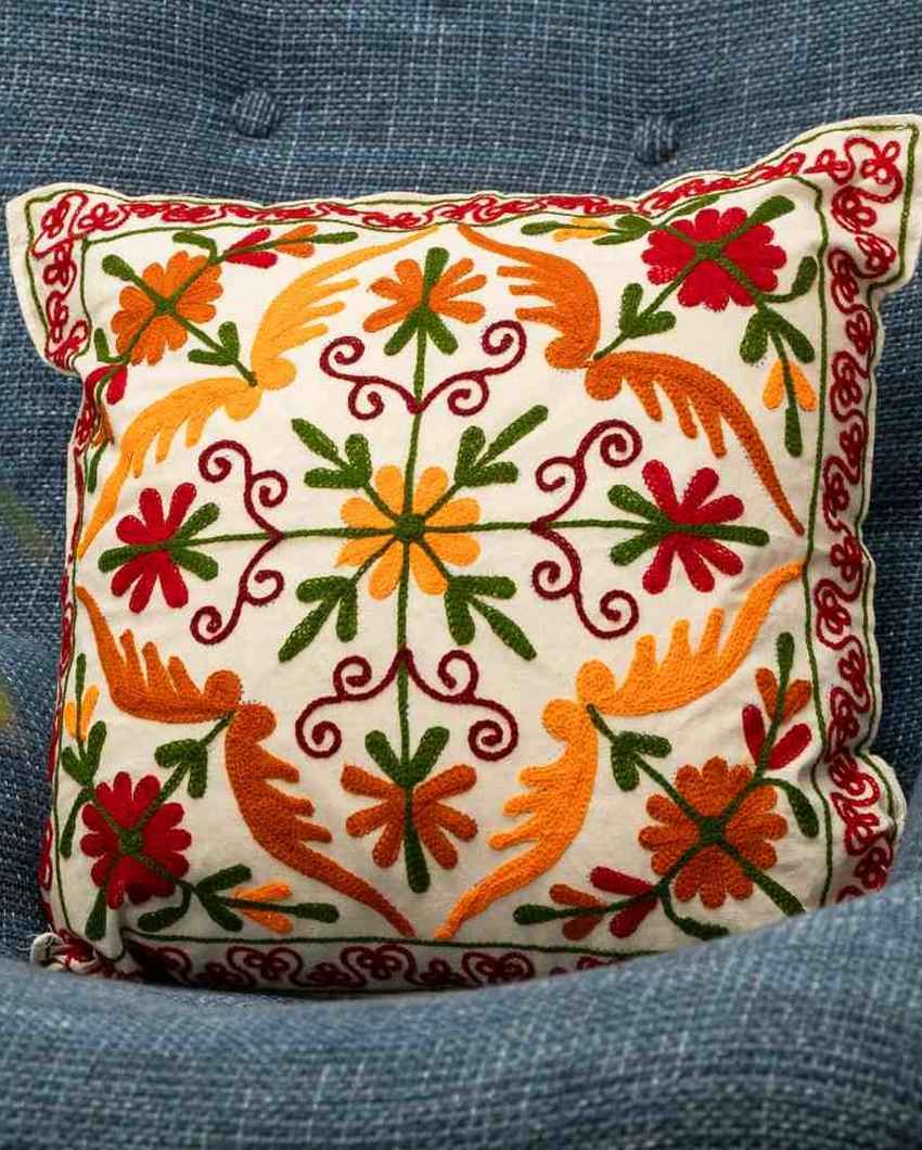 Stylish Multicolor Rustic Bloom Aari Embroidered Cushion Covers | Set of 2 | 16 x 16 inches