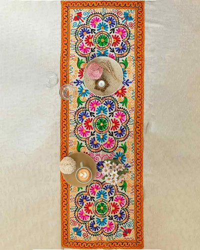 Flower Aari Embroidery Cotton Table Runner | 58 x 19 inches