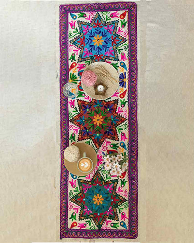 Star Aari Embroidery Cotton Table Runner | 58 x 19 inches