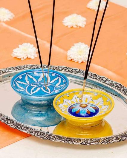Assorted Blue Pottery Multani Incense Stick Stands | Set Of 2