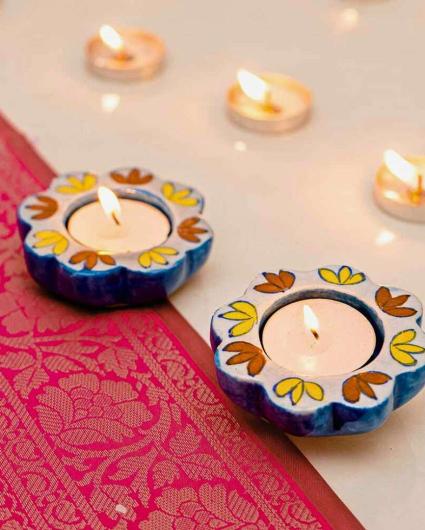 Lotus Blue Pottery Multani Candle Holders | Set Of 4