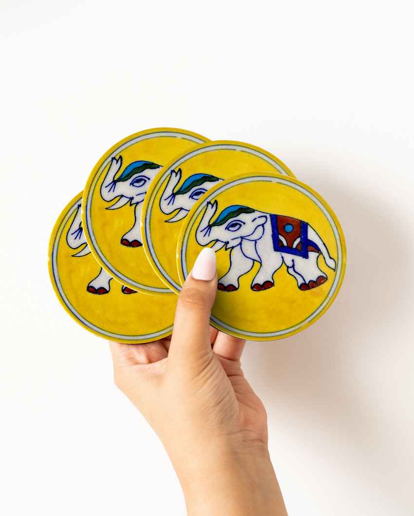 Classic Yellow Shade Handcrafted Pottery Elephant Coasters | Set of 4 | 4 inches