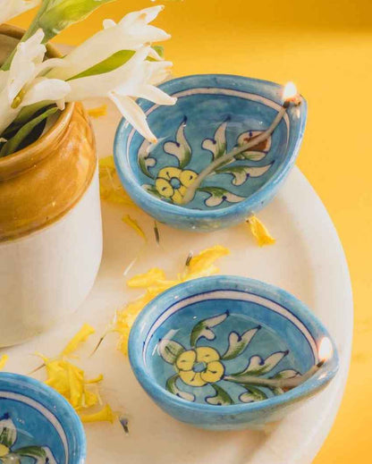 Handcrafted Tulip Blue Pottery Diyas | Set of 5 | 3 inches