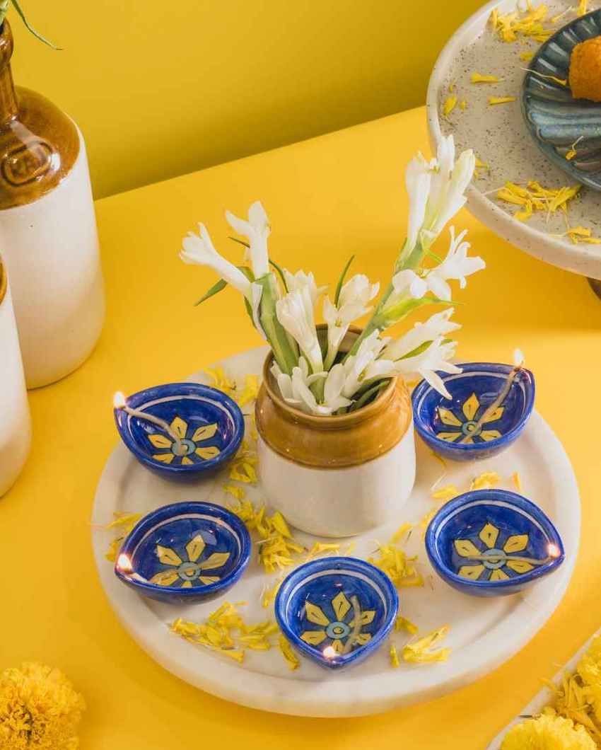 Artisanal Starflower Blue Pottery Diyas | Set of 5 | 3 inches