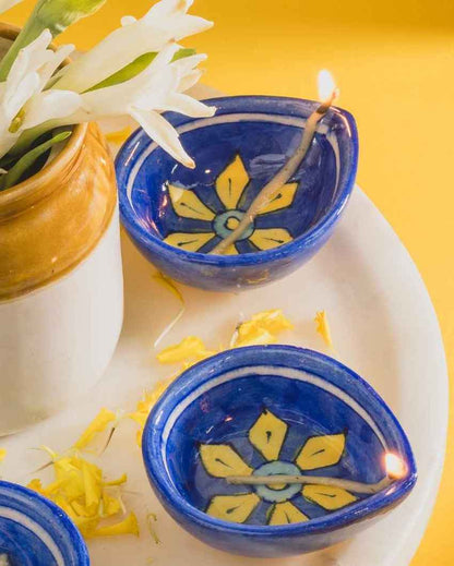 Artisanal Starflower Blue Pottery Diyas | Set of 5 | 3 inches