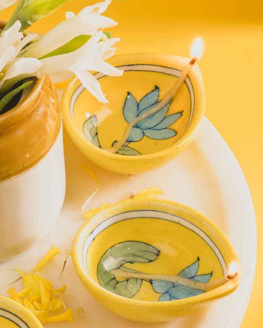 Unique Crafted Lotus Yellow Pottery Diyas | Set of 5 | 3 inches