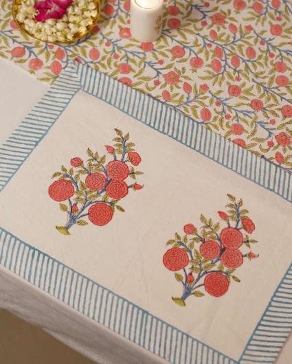 Dahlia Block Print Cotton Table Mats | Set Of 4 | 19x13 inch