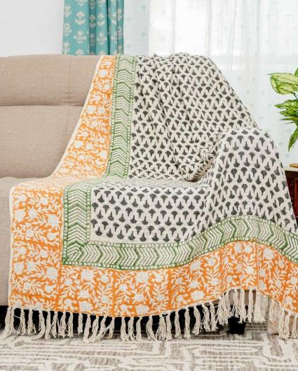 Tisva Block Print Cotton Sofa Throw | 70x50 inch