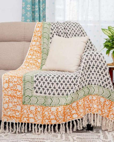 Tisva Block Print Cotton Sofa Throw | 70x50 inch