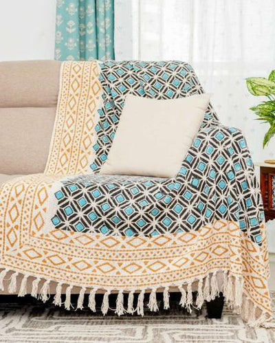 Teal Block Print Cotton Sofa Throw | 70x50 inch