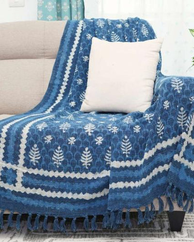 Indigo Block Print Cotton Sofa Throw | 70x50 inch