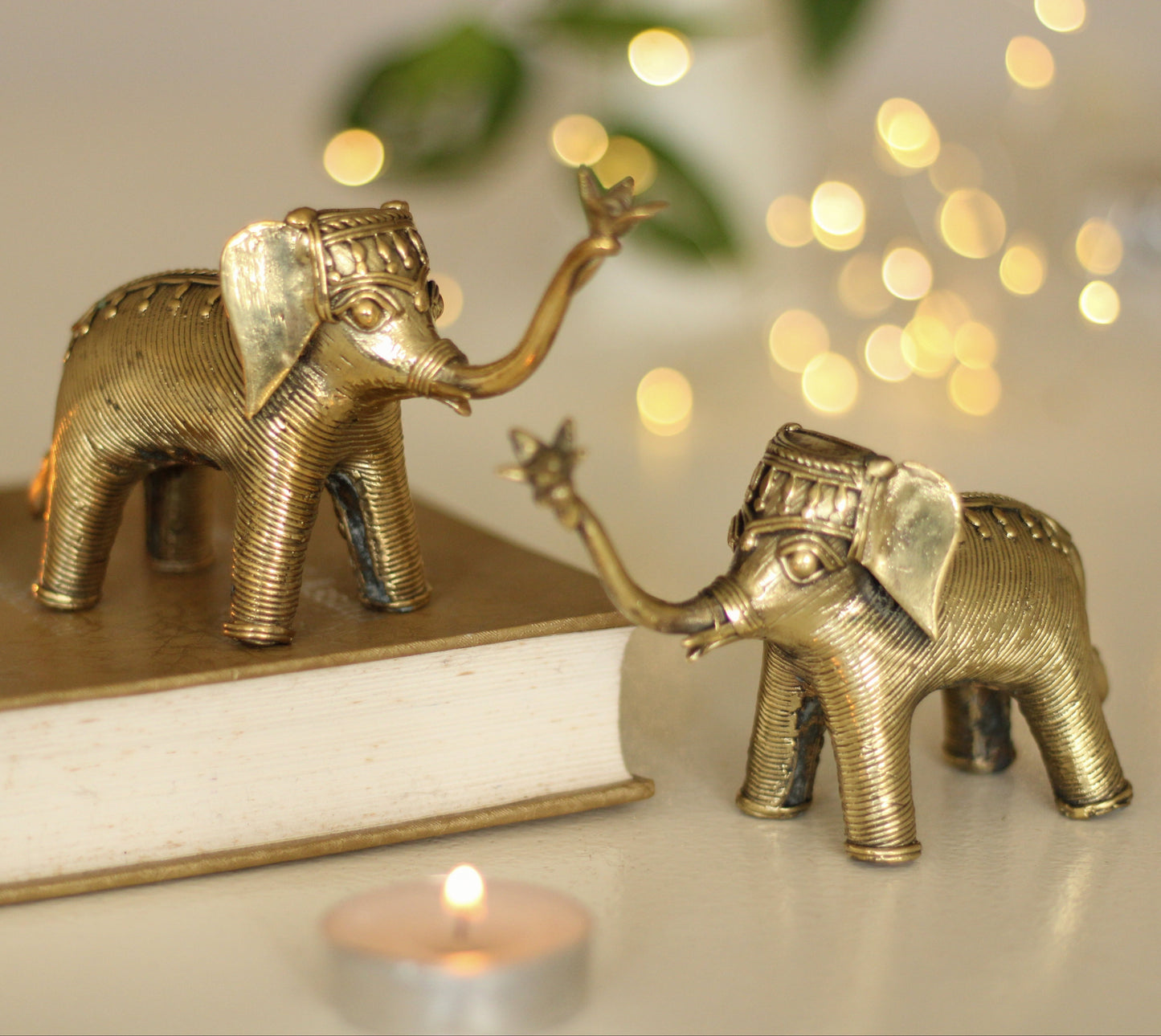 Stylish Elephant Pair Dhokra Table Decor | Set of 2 | 5 x 2 x 4 inches