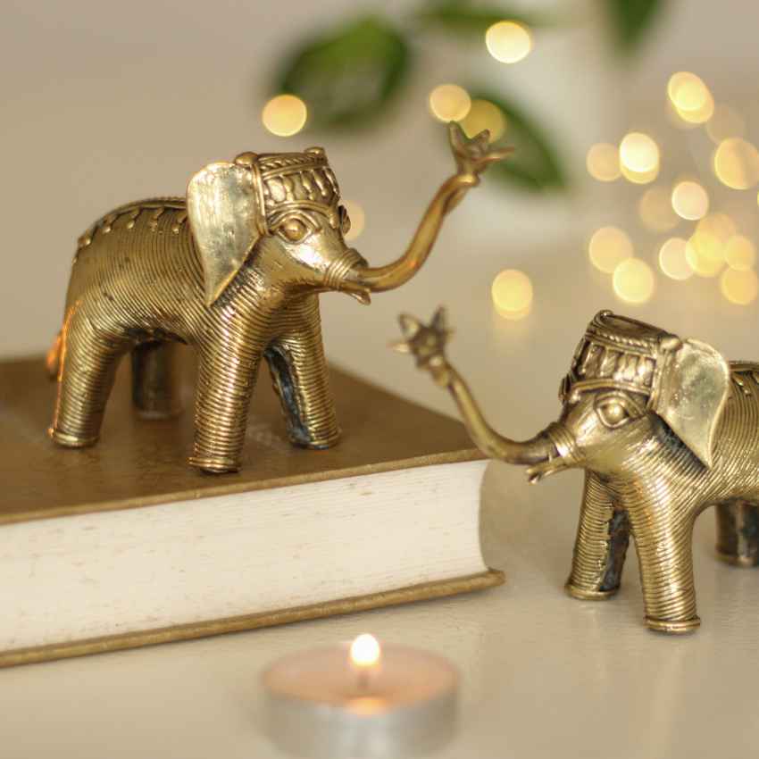 Stylish Elephant Pair Dhokra Table Decor | Set of 2 | 5 x 2 x 4 inches