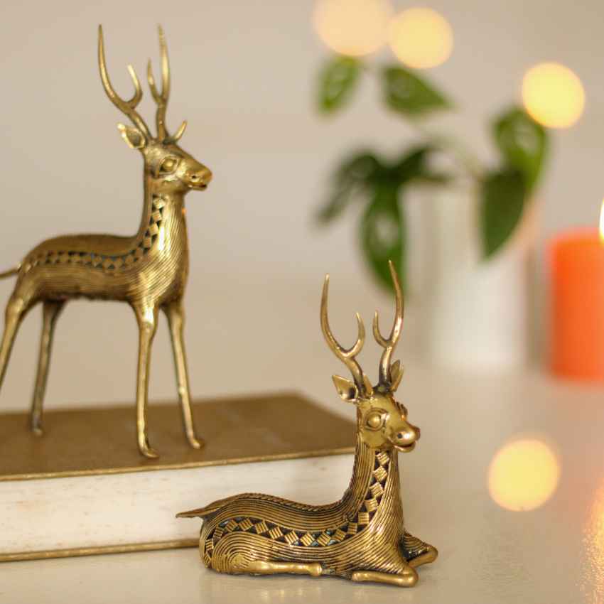 Standing and Sitting Gold Design Deer Pair Dhokra Table Decor | Pack of 2