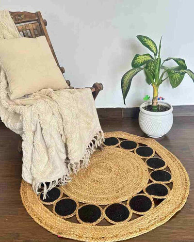 Black and Natural Round Jute Rug | 36 inches