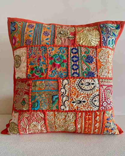 Orange Patchwork Cotton Cushion Cover | Set Of 2 | 16 x 16 inches