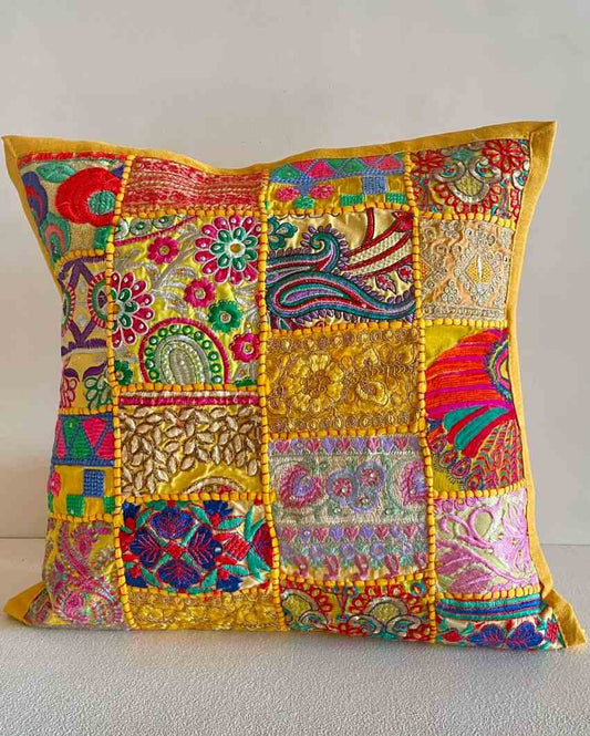 Yellow Patchwork Cotton Cushion Cover | Set Of 2 | 16 x 16 inches
