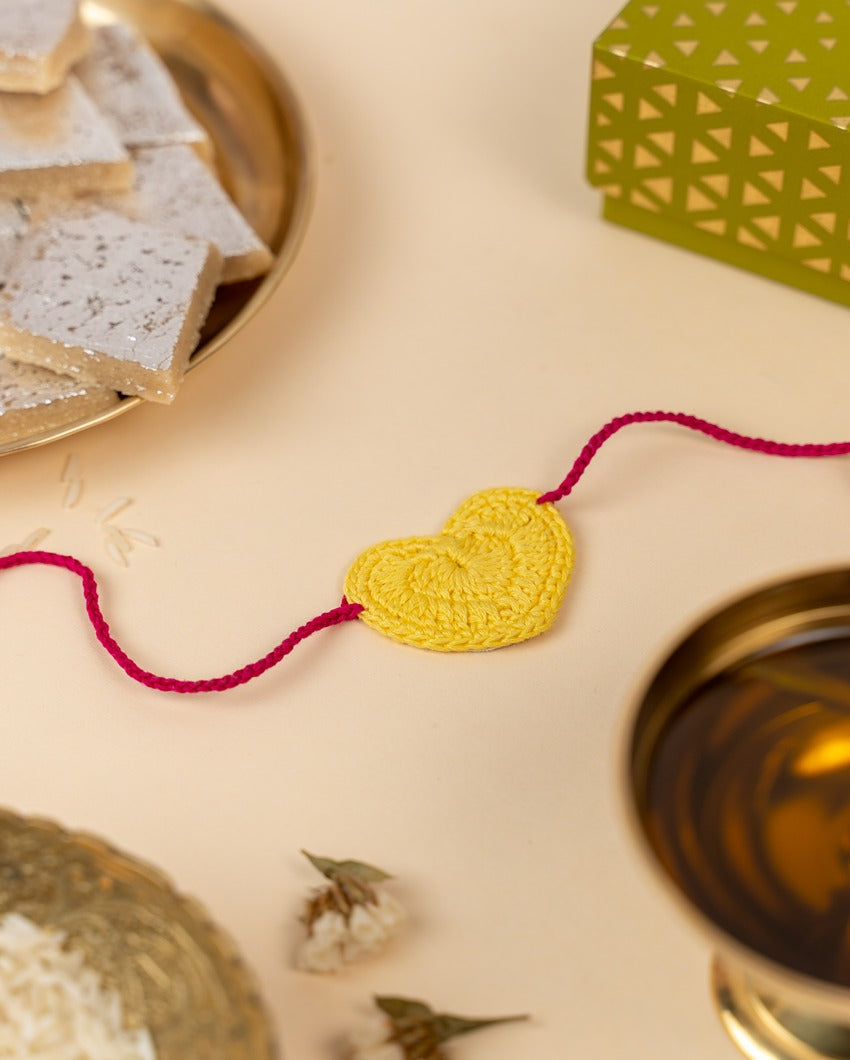 Sunny Yellow Heart Crochet Rakhi | Set of 2 | 2 x 1 inches