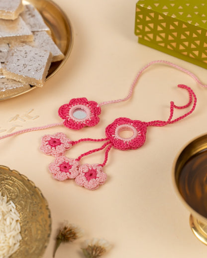 Charming Rose Pink Crochet Rakhi and Lumba | Set of 2 | 3 x 1 inches