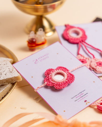 Charming Rose Pink Crochet Rakhi and Lumba | Set of 2 | 3 x 1 inches