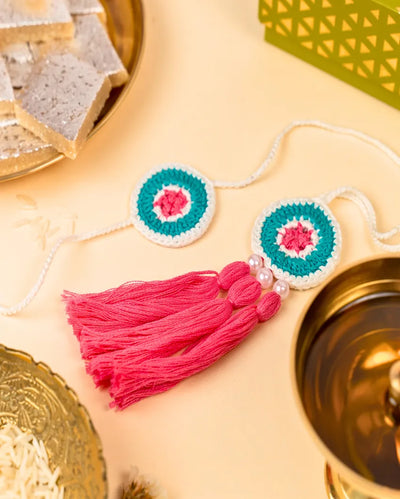 Elegant Pastel Crochet Rakhi and Lumba | Set of 2 | 5 x 2 inches